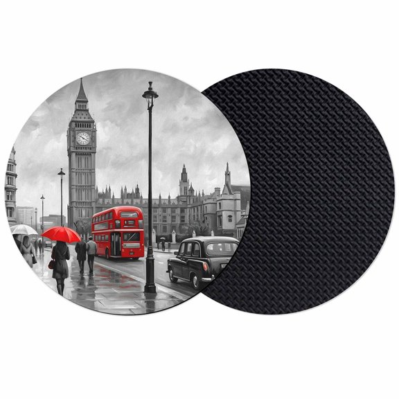 City Street Coasters Set of 2, Absorbent Coasters for Drinks, Big Ben London River Bus Bridge Rainy Day Coaster for Desk Coffee Table Protection, Home Decor House Warming Gifts 4"