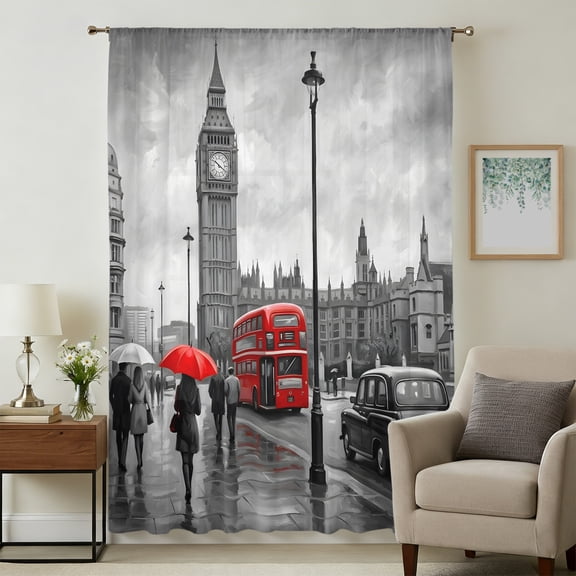 City Street Sheer Curtains 108" Extra Long, Big Ben London River Bus Bridge Rainy Day Light Filering Curtains, Privacy Drapes Simi Floor to Veiling Curtain for Living Room Bedroom Window Treatment