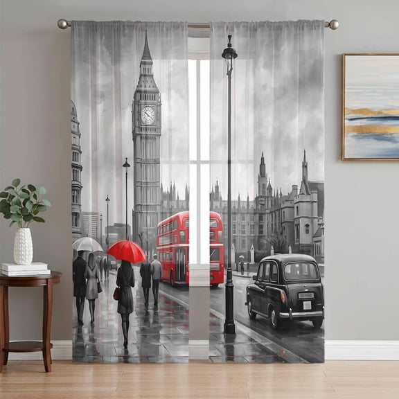 City Street Sheer Curtains 96 Inch Length 2 Panels Set, Big Ben London River Bus Bridge Rainy Day Voile Window Treatment Semi Sheer Long Curtains Drapes for Bedroom/Living Room/Kitchen 52"x96"x2