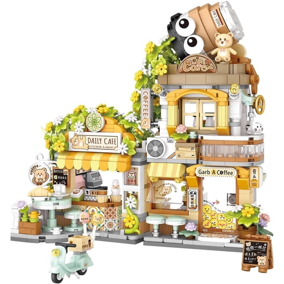 City Street View Bear Coffee Shop Building Blocks Set, MOC Creative Bear Animal Theme House,(Mini Blocks 1077 pcs)-1382