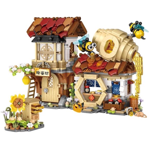 City Street View Honey Workshop Mini Building Blocks Set 1242 pcs, MOC Creative Bee Model Theme House, Simulation Architecture Toy