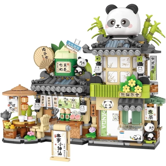 City Street View Panda Tea Shop Mini Building Blocks Set 860 pcs, MOC Creative Panda Animal Theme House, Simulation Architecture Toy (1383)