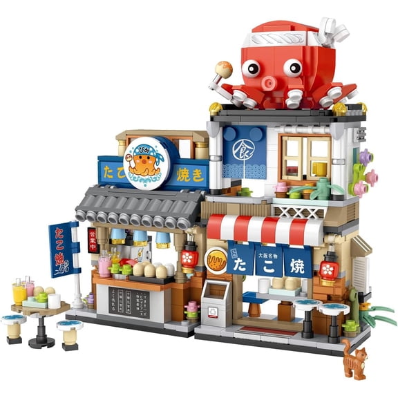 City Street View Takoyaki Shop, MOC Creative Mini Building Blocks House Set 722 pcs, Simulation Architecture Construction Toy,