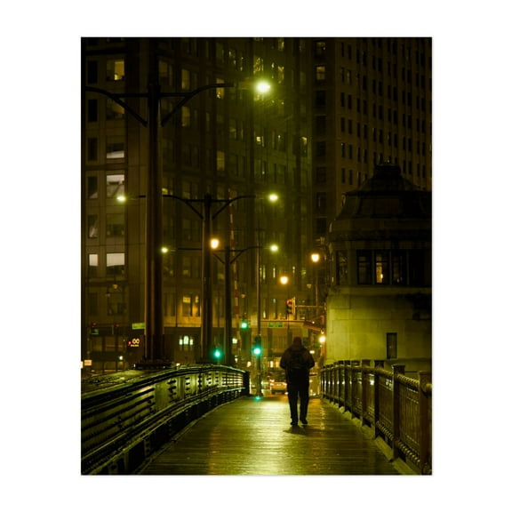 City Stroll in the Rain 02 - Chicago Illinois Photography Cityscape Nightlife Bridge Architecture Moody Street Photography Silhouette Unframed Wall Art Print 16 x 20 inches