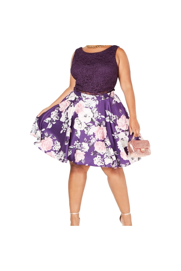 Womens 2 Piece Set A-line Skirt, Purple, Plus Size, 14W
