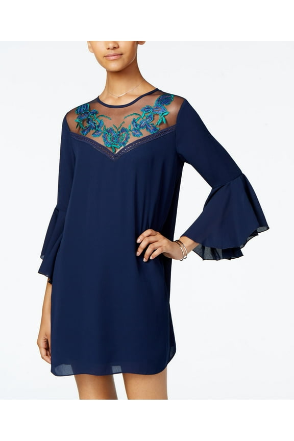 Womens Juniors Embroidered Yoke Mini Dress Navy M
