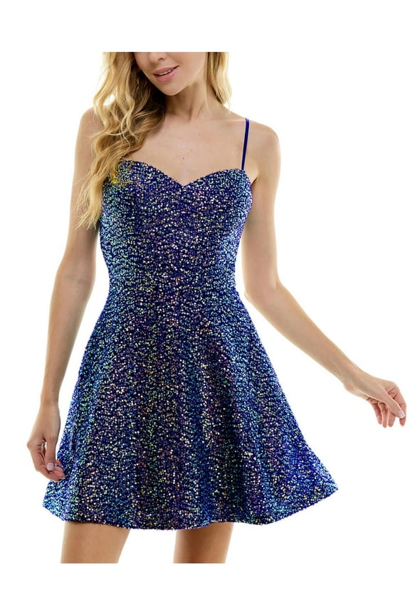 Womens Juniors Sequined Mini Fit & Flare Dress