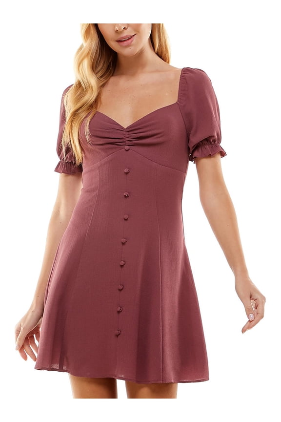 Womens Juniors Sweetheart Neckline Puff Sleeves Fit & Flare Dress