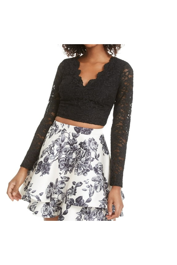 Womens Lace Crop Top Blouse, Black, Juniors, 1
