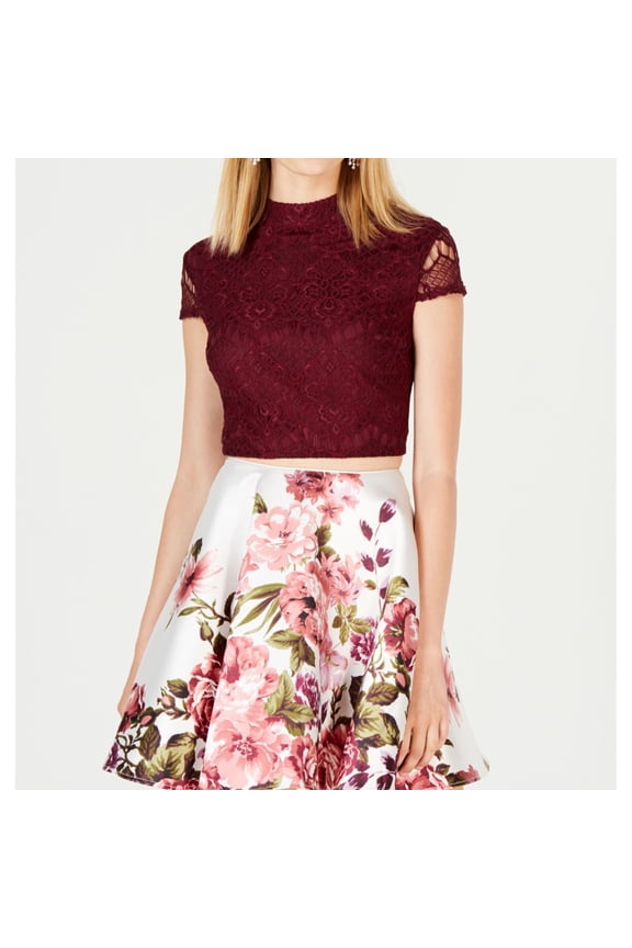 Womens Lace Crop Top Blouse, Purple, Juniors, 0