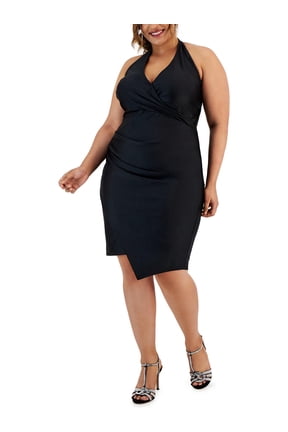 Womens Plus Asymmetrical Midi Halter Dress
