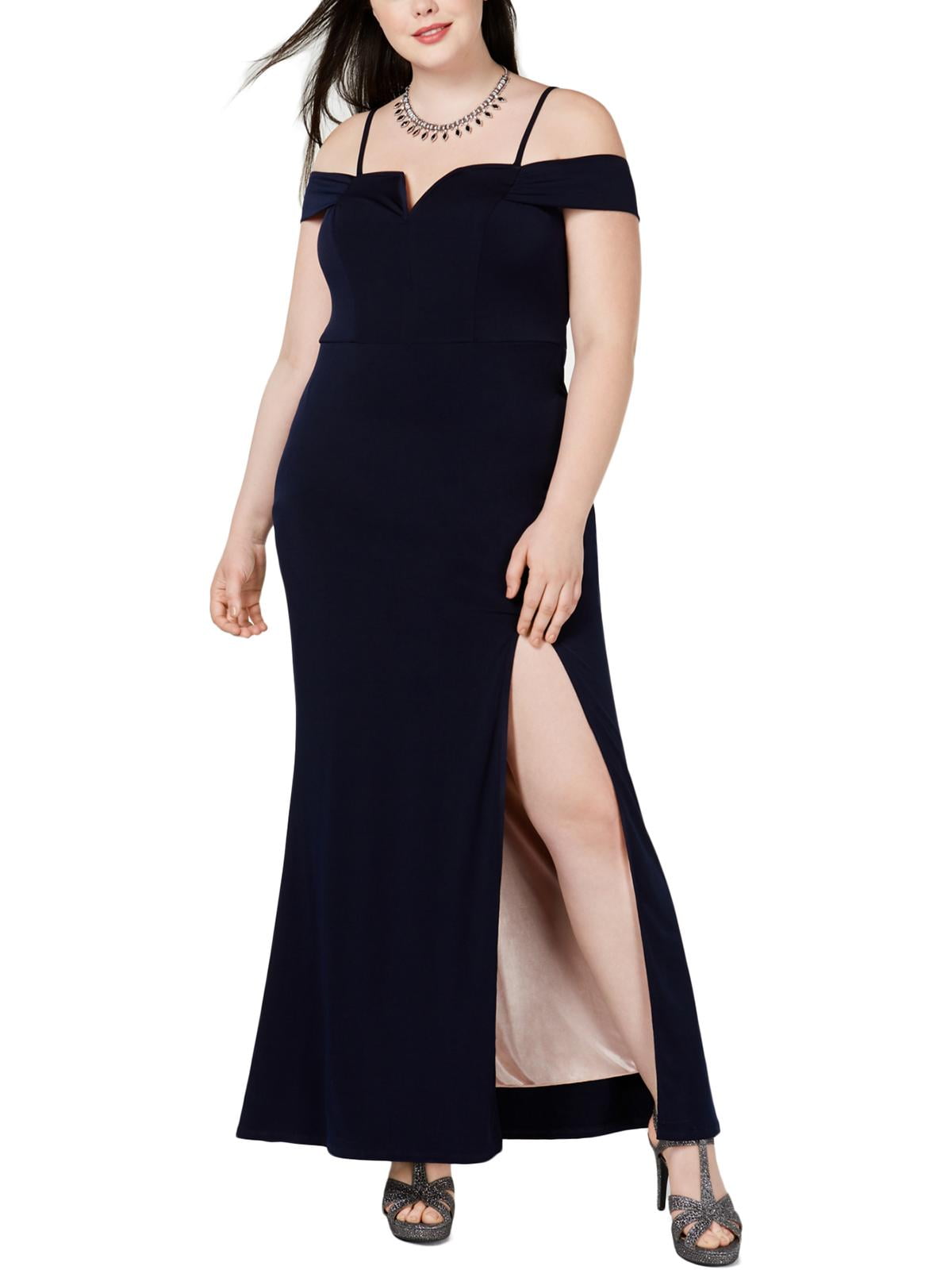 City Studio Womens Off-The-Shoulder V-Neck Evening Dress Gown Plus