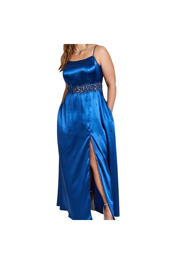 Womens Plus Satin Applique Evening Dress