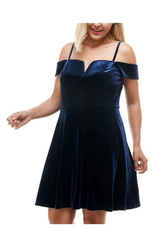 Womens Plus Velvet Plunge Neckline Cocktail and Party Dress Navy 16W