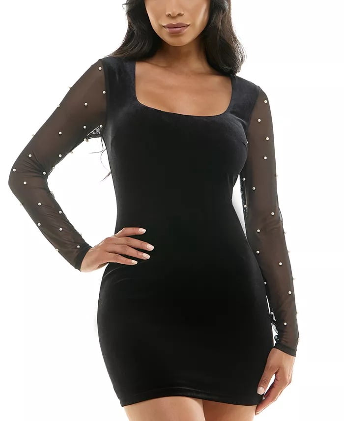 teri jon black dress Black Crepe Pearl Appliqué Gown | Long Sleeve