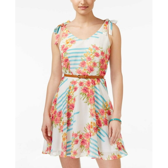 City Studios Juniors’ Belted Floral-Print Fit & Flare, Ivory pink blue, 5
