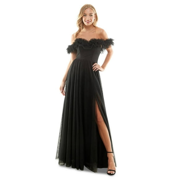 City Studios Juniors Black Mesh Ruffled-Neck Side-Slit Gown Dress