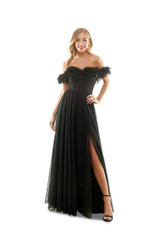 s Juniors Black Mesh Ruffled-Neck Side-Slit Gown Dress