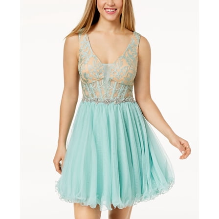 City Studios Juniors Embellished Lace Corset Fit Flare Dress Nude Mint 13