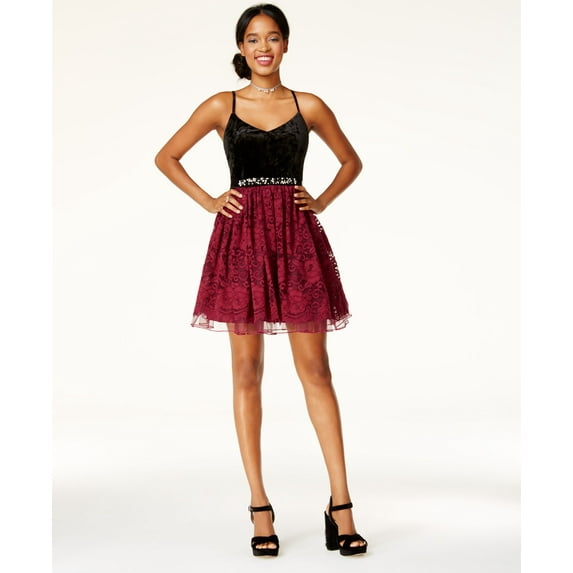 City Studios Juniors Embellished Mixed Media Dress Wine Black 11