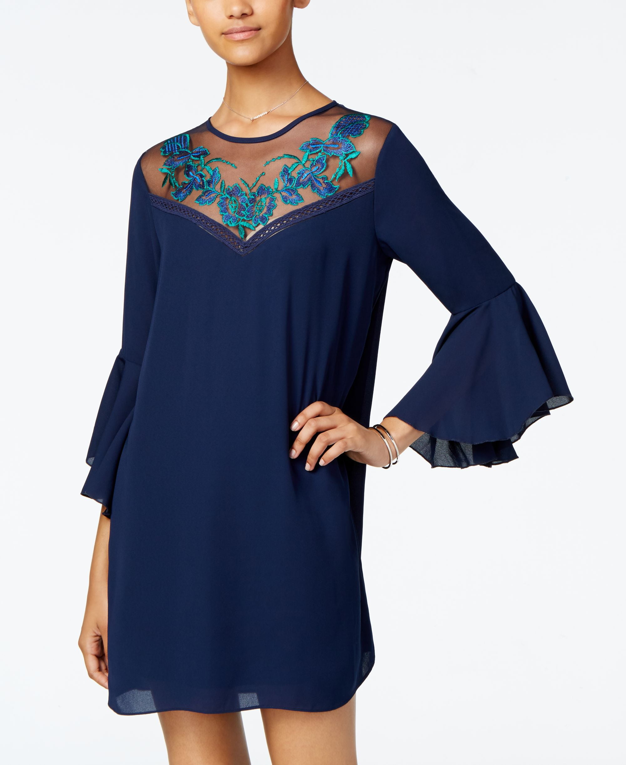 City Studios Juniors Embroidered Bell Sleeve Dress Dark Navy 2XS