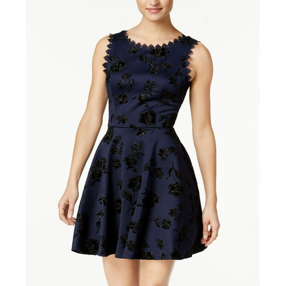City Studios Juniors Flocked Glitter Fit Flare Dress Navy Black 3