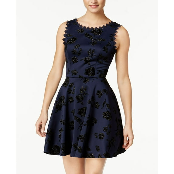 City Studios Juniors Flocked Glitter Fit Flare Dress Navy Black 3