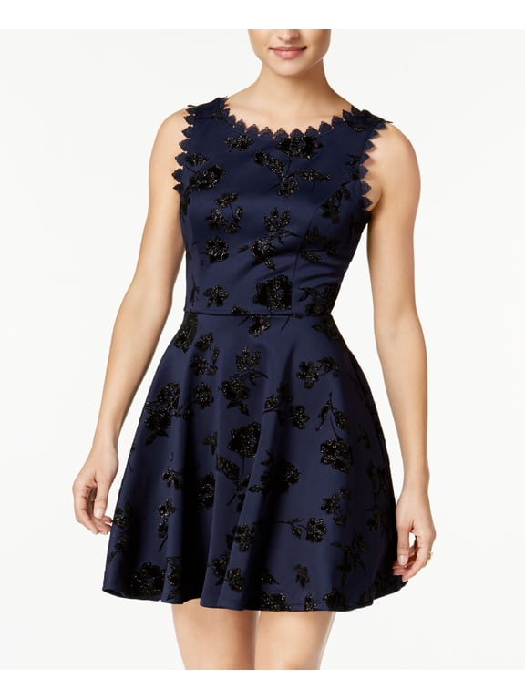 s Juniors Flocked Glitter Fit Flare Dress Navy Black 3