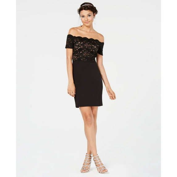 City Studios Juniors Glitter Lace Off The Shoulder Dress Black Blush 9