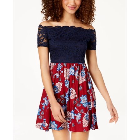 City Studios Juniors Lace Contrast Fit Flare Dress Red Navy 9