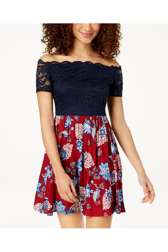 s Juniors Lace Contrast Fit Flare Dress Red Navy 9