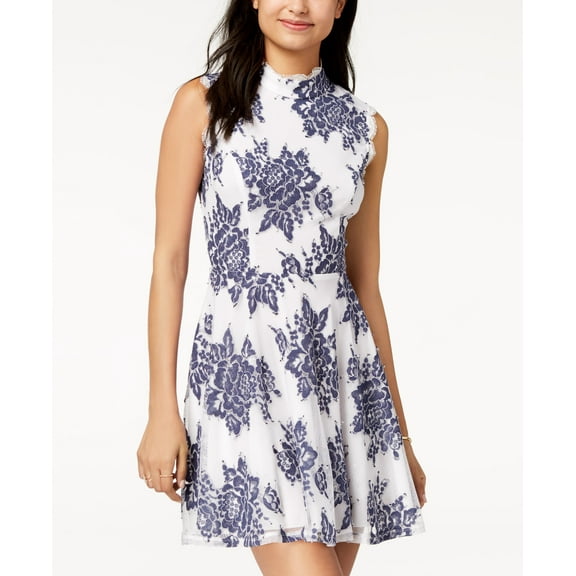 City Studios Juniors Lace Fit Flare Dress Ivory Navy 7