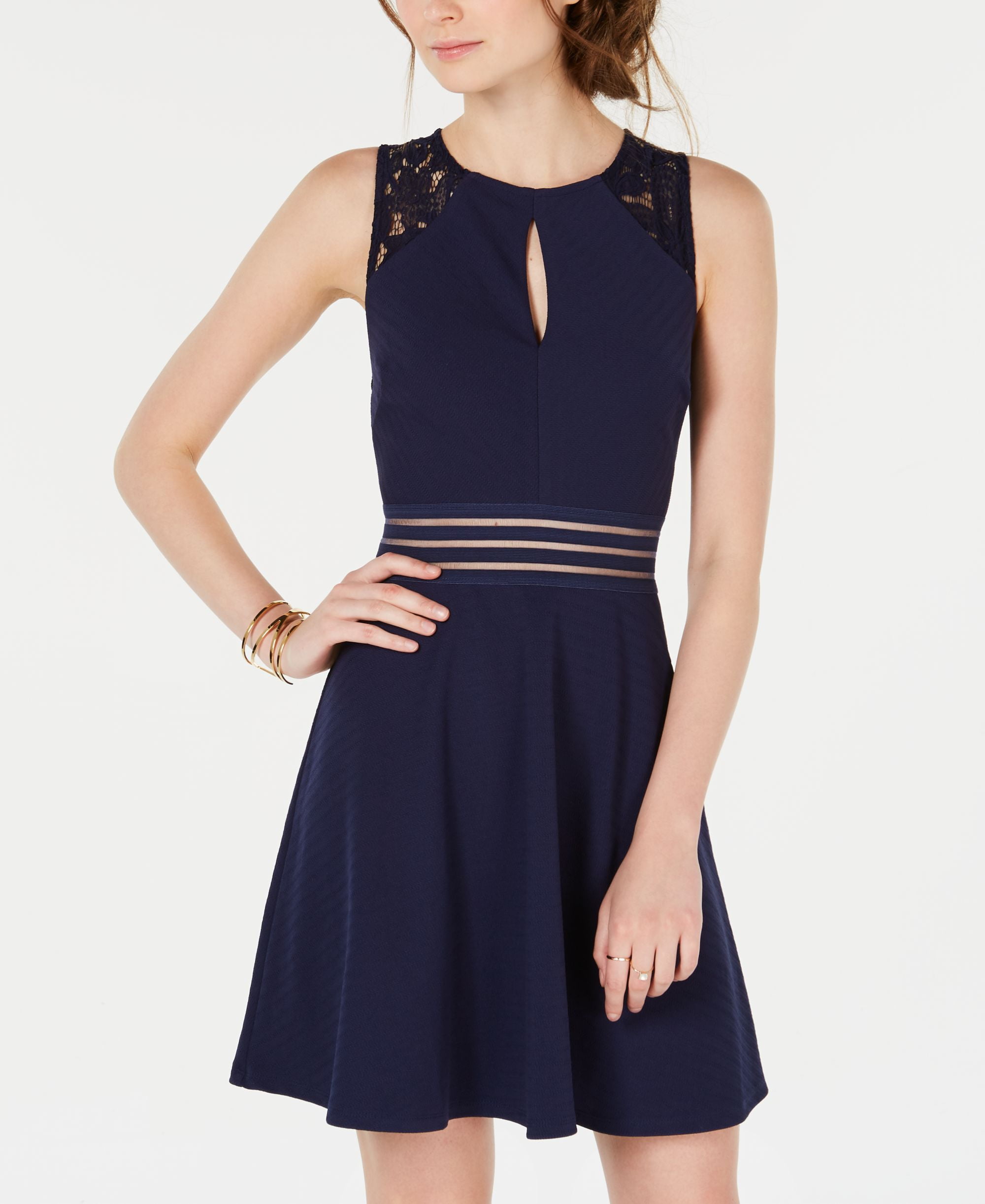 city studios juniors lace fit and flare dress City Studios Juniors Glitter Lace Fit Flare Dress Blue / 1 main image 1