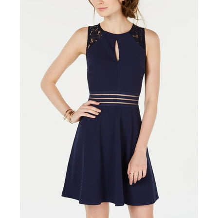 City Studios Juniors Lace Trim Fit Flare Dress Navy 5