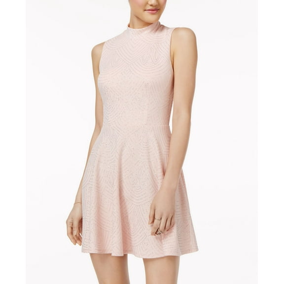 City Studios Juniors' Mock-Neck Glitter Skater Dress (Blush Silver, 11)