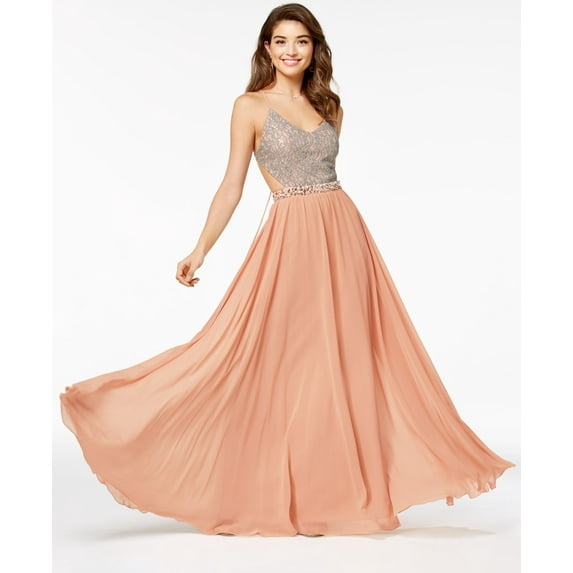 City Studios Juniors Open Back Metallic Bodice Gown Silver Blush 1