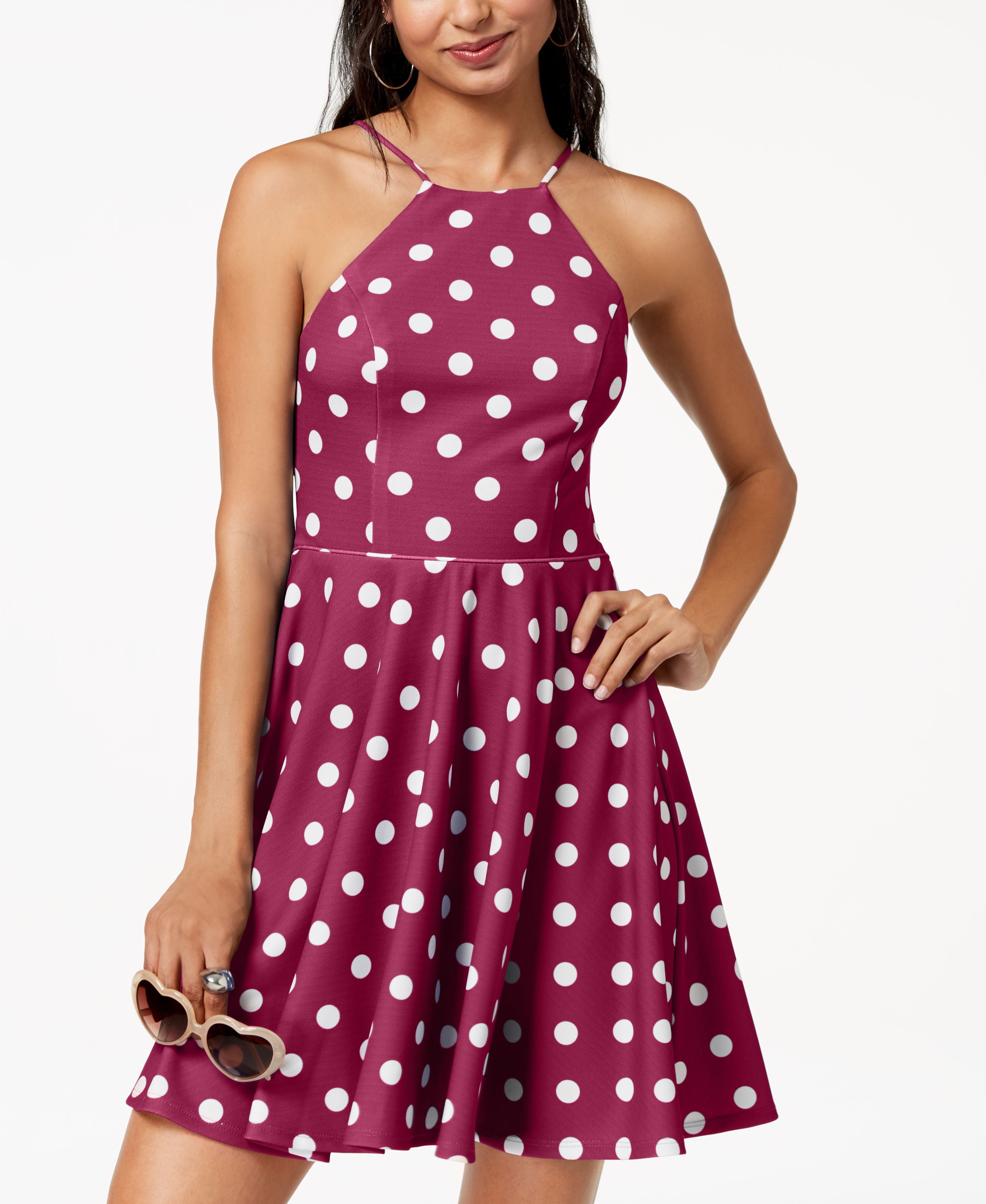 fit and flare dress polka dot Mac Duggal - Blue Square Neck Crepe Polka Dot Fit and Flare Midi Dress main image 1