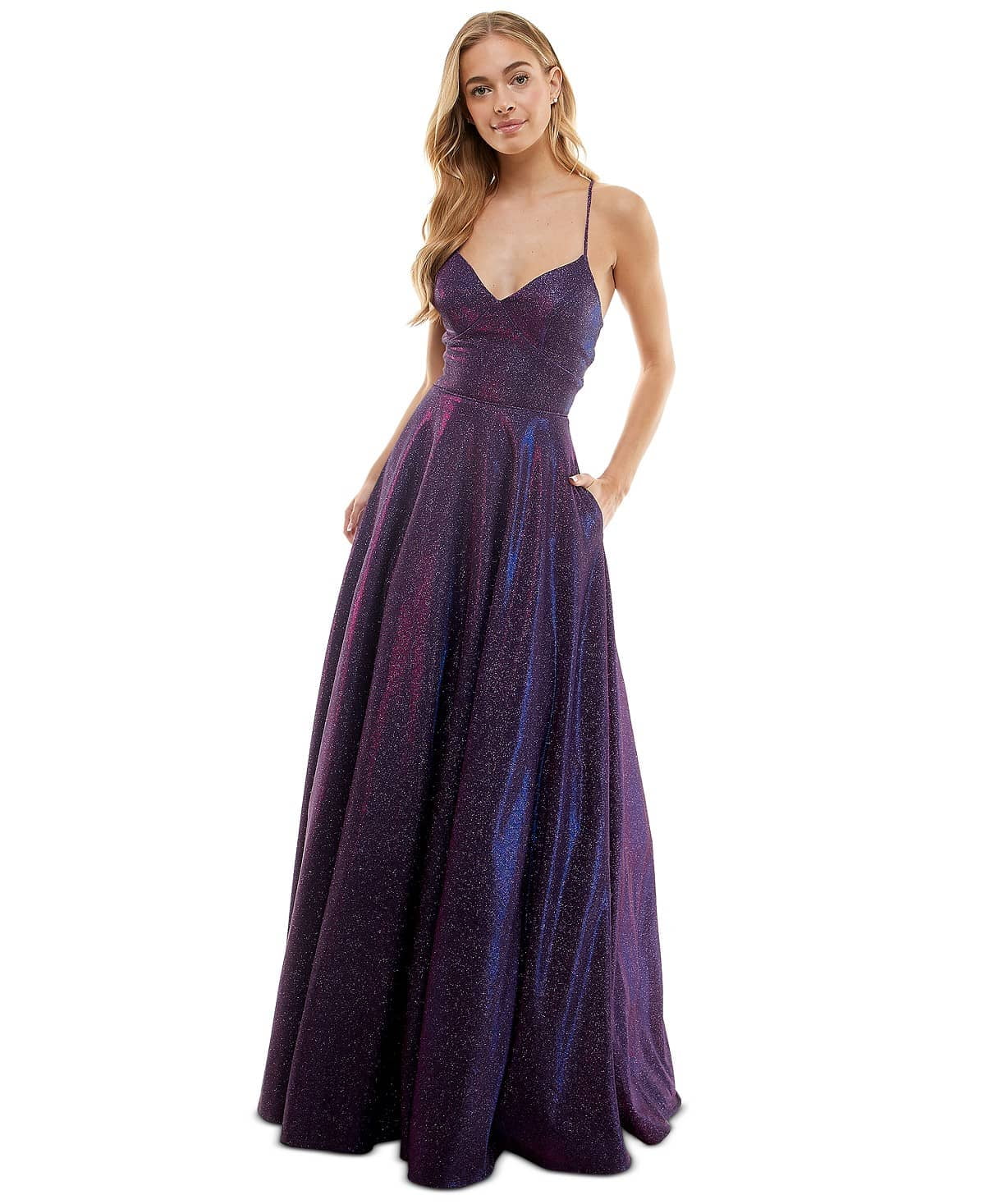 City Studios Juniors Purple Glitter Lace-Up-Back Evening Gown Dress