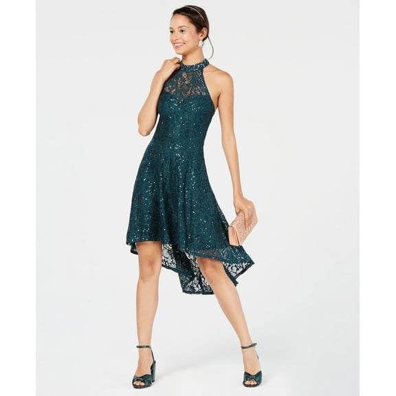 City Studios Juniors Sequined Lace High Low Dress Emerald 3