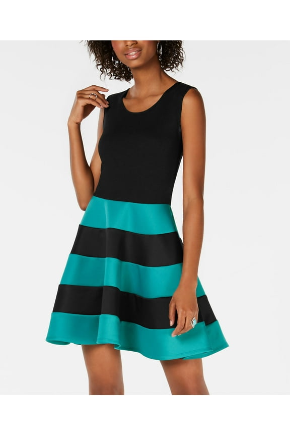s Juniors Striped Fit Flare Scuba Dress Black Turquoise XL
