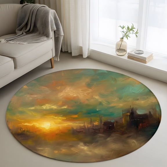 City Sunset Landscape 3FT Round Area Rug Gradient Clouds Modern Soft Small Round Rugs Non-Slip, Ultra-Thin Washable Rug Low Pile Circle Carpet for Bedroom Kitchen Nursery