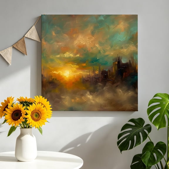 City Sunset Landscape Canvas Wall Art, Gradient Clouds Modern Pictures Wall Decor Wooden Framed Artwork Art Prints for Living Room Hallway Bedroom Office 8"x8"