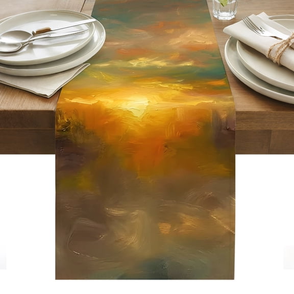 City Sunset Landscape Cotton Linen Table Runner Gradient Clouds Modern Dining Table Runners for Home Decor Party Dining Room Restaurant Kitchen Party 13" x 36"