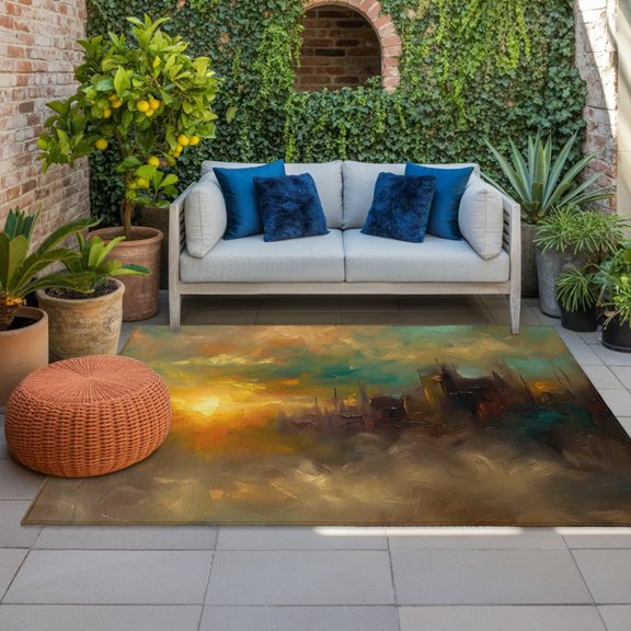 City Sunset Landscape Indoor Outdoor Rugs 3x5 Ft, Gradient Clouds Modern Outdoor Patio Rugs Mat Washable Outside Area Rugs Carpet for Porch Deck RV Camping Pool Balcony Backyard