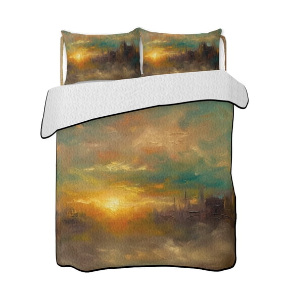 City Sunset Landscape Quilts Bedding Set Twin Size Gradient Clouds Modern Lightweight Quilted Bedspread 3 Piece Bed Quilt with 2 Pillow Shams All Season for Bedroom 68" x 86"