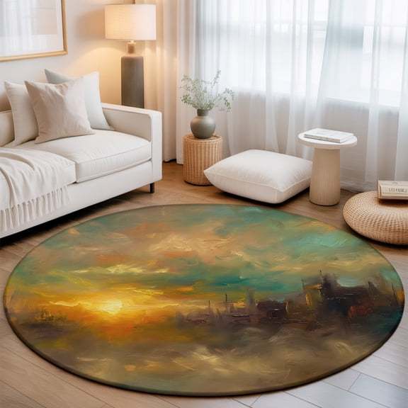 City Sunset Landscape Washable Round Area Rug 3 ft, Gradient Clouds Modern, Soft Non Slip Rugs Stain Repellent Indoor Felt Carpet for Living Dining Room Bedroom Home Office
