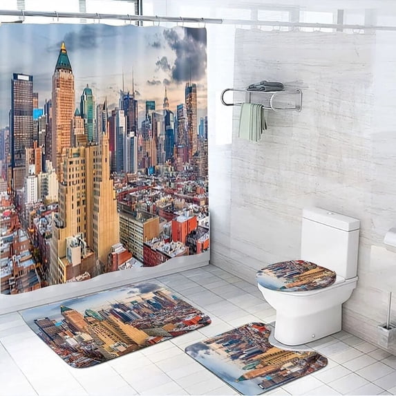 City Sunset Skyscrapers Famous Town Landmark View Shower Curtain Set Rug Bathroom Mats New York 3D Building Bridge Bath Curtains