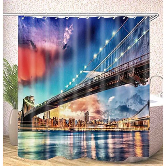City Sunset Skyscrapers Famous Town Landmark View Shower Curtain Set Rug Bathroom Mats New York 3D Building Bridge Bath Curtains