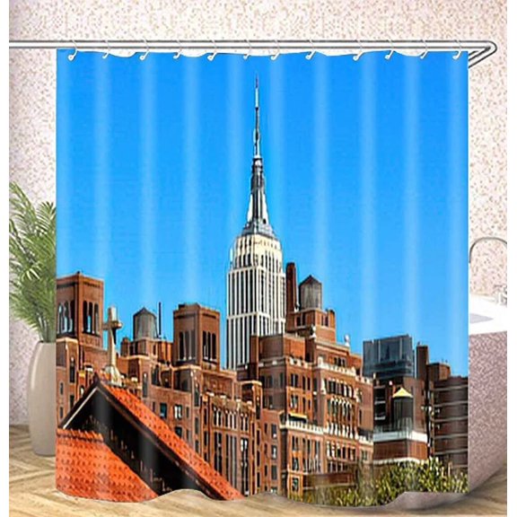 City Sunset Skyscrapers Famous Town Landmark View Shower Curtain Set Rug Bathroom Mats New York 3D Building Bridge Bath Curtains