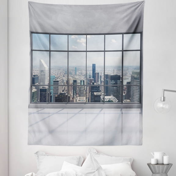 City Tapestry, Clean Office with Big Window Downtown Skyscraper Buildings Domestic Cityscape Art, Fabric Wall Hanging Decor for Bedroom Living Room Dorm, 5 Sizes, Grey White, by Ambesonne